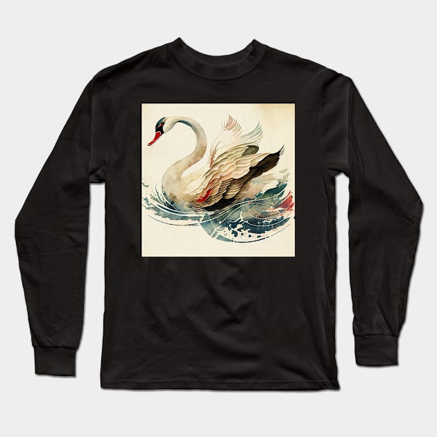 Vintage Japanese style Watercolor of a Swan Long Sleeve T-Shirt by Danielleroyer